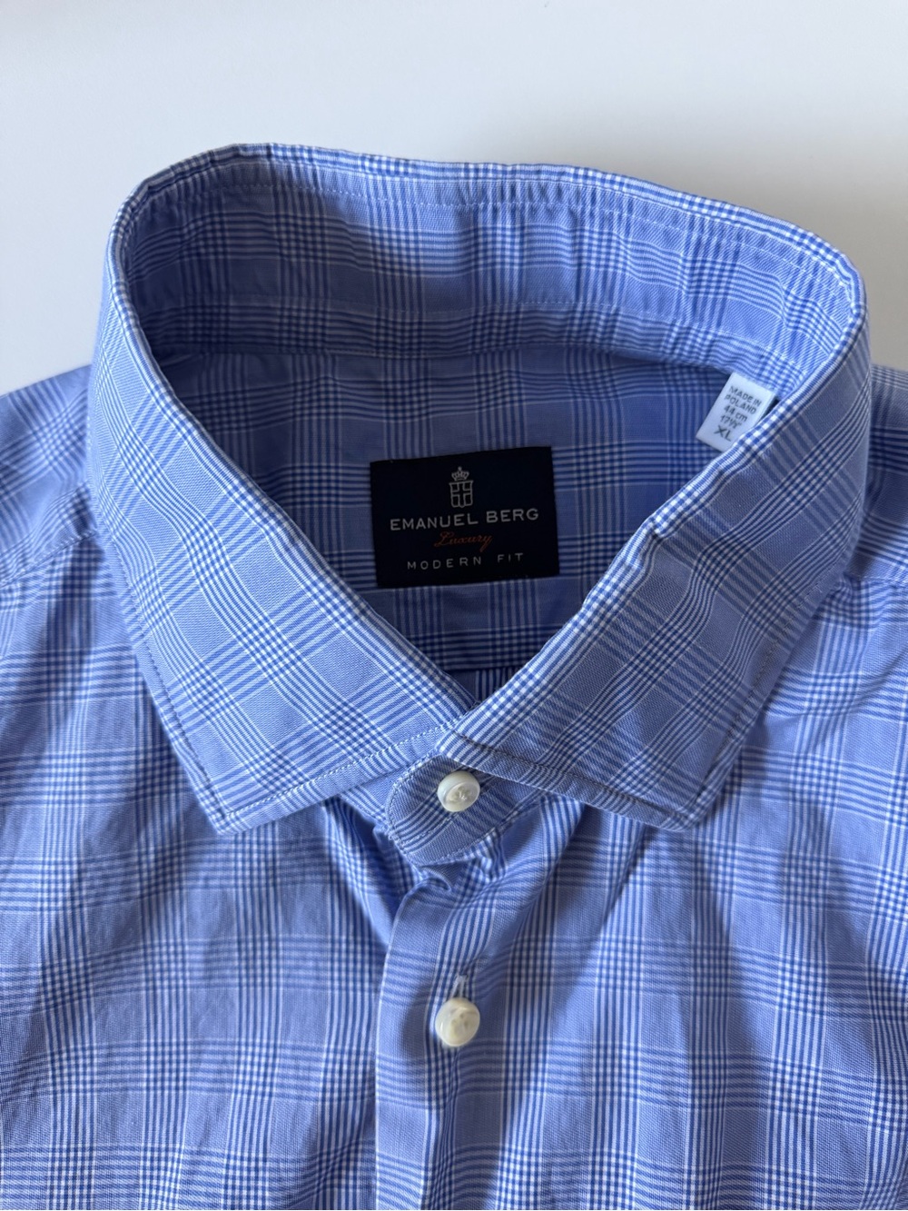 Emanuel Berg Luxury Modern Fit Blue Prince of Wales Check Button Dress Shirt XL